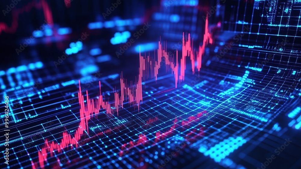 Dynamic stock market data visualization with vibrant trends and patterns on a digital display. Dynamic stock market data visualization with vibrant trends and patterns on a digital display.