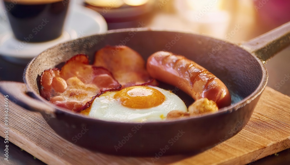 A closeup of eggs, bacon, ham, sausage and toasts. Generated image A closeup of eggs, bacon, ham, sausage and toasts. Generated image