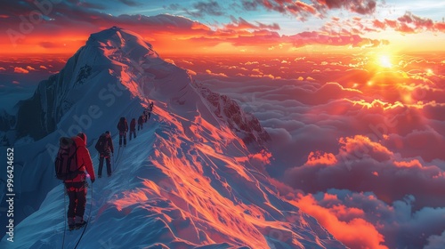 A group of climbers climbs a snow-covered mountain at sunset. The concept of winter travel and adventure photo