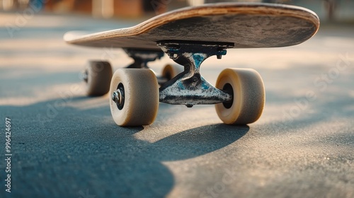 Close-up of Skateboard Wheels and Trucks on Smooth Concrete Surface