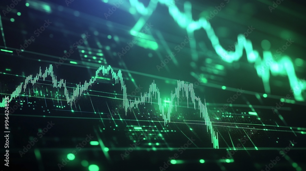Dynamic stock market graph visual, showcasing financial trends and data analysis, green tones highlighting key metrics. Dynamic stock market graph visual, showcasing financial trends and data analysis, green tones highlighting key metrics.