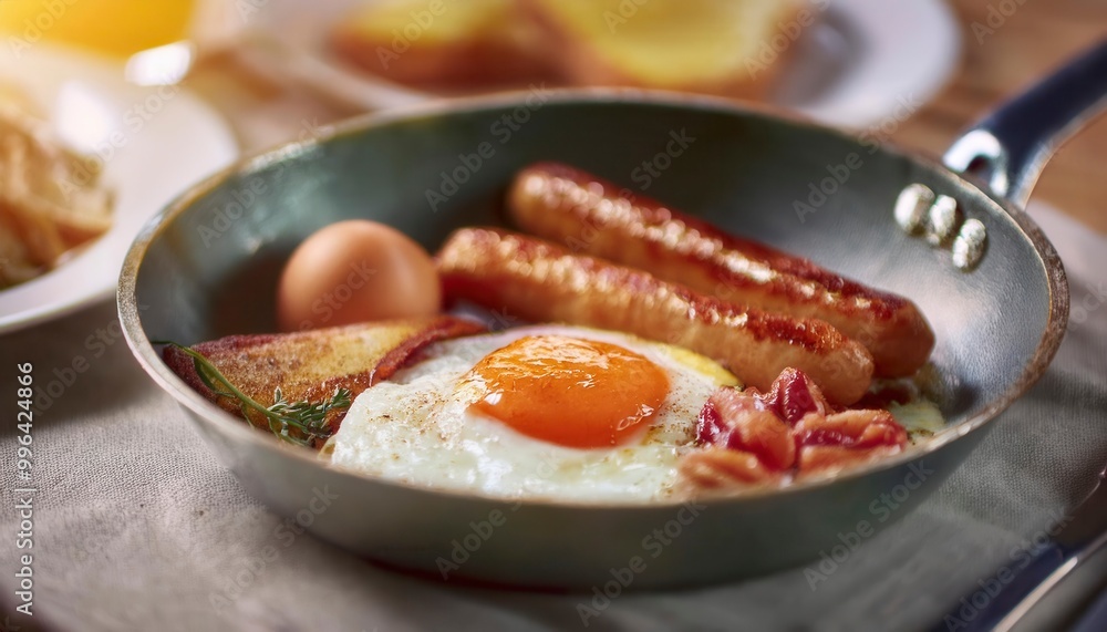A closeup of eggs, bacon, ham, sausage and toasts. Generated image A closeup of eggs, bacon, ham, sausage and toasts. Generated image
