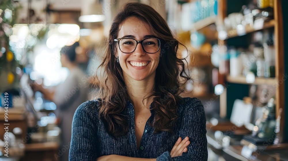 Smiling Small Business Owner in Front of Thriving Local Store with Customers Smiling Small Business Owner in Front of Thriving Local Store with Customers