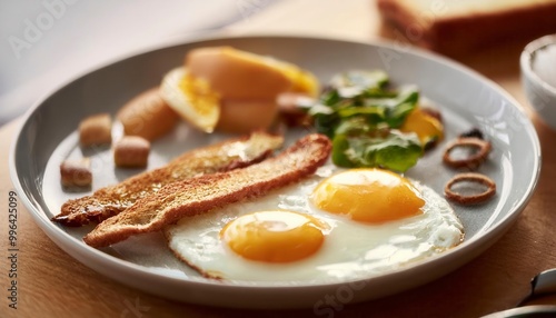 English breakfast on a plate with fried eggs, sausages, bacon, beans, toasts and coffee. Generated image