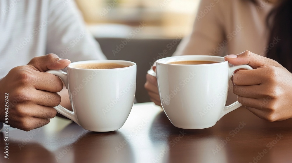 Two people enjoying coffee together at a cozy café during the afternoon, fostering connection and conversations Two people enjoying coffee together at a cozy café during the afternoon, fostering connection and conversations