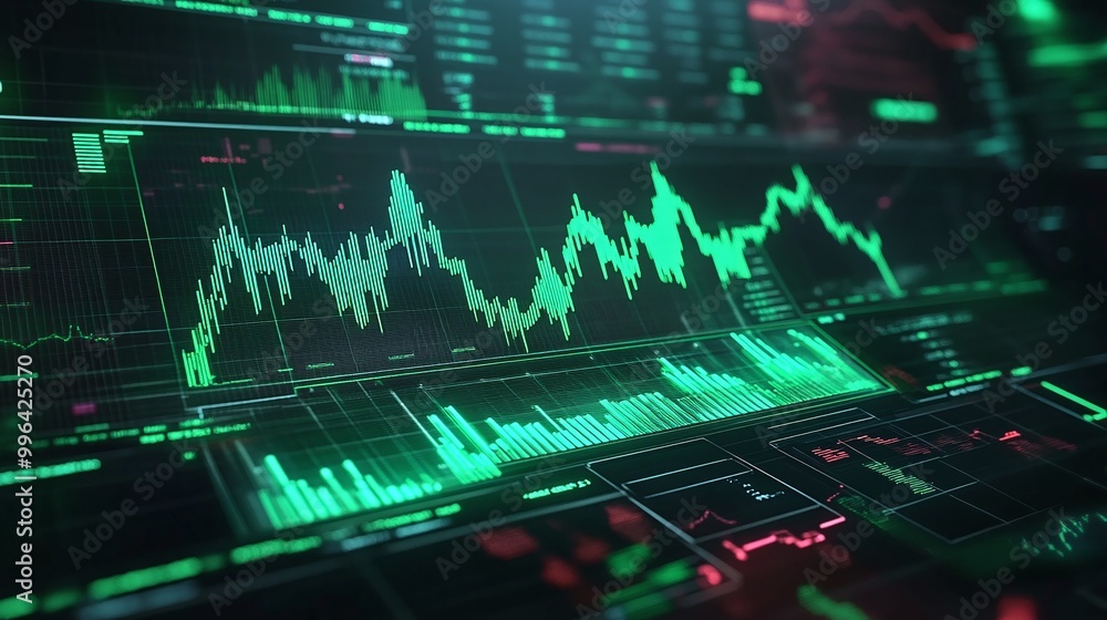 Dynamic stock market graph with vibrant green and red indicators showcasing trading trends and fluctuations. Dynamic stock market graph with vibrant green and red indicators showcasing trading trends and fluctuations.