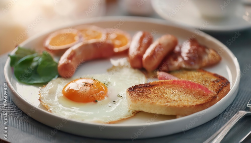 English breakfast on a plate with fried eggs, sausages, bacon, beans, toasts and coffee. Generated image English breakfast on a plate with fried eggs, sausages, bacon, beans, toasts and coffee. Generated image