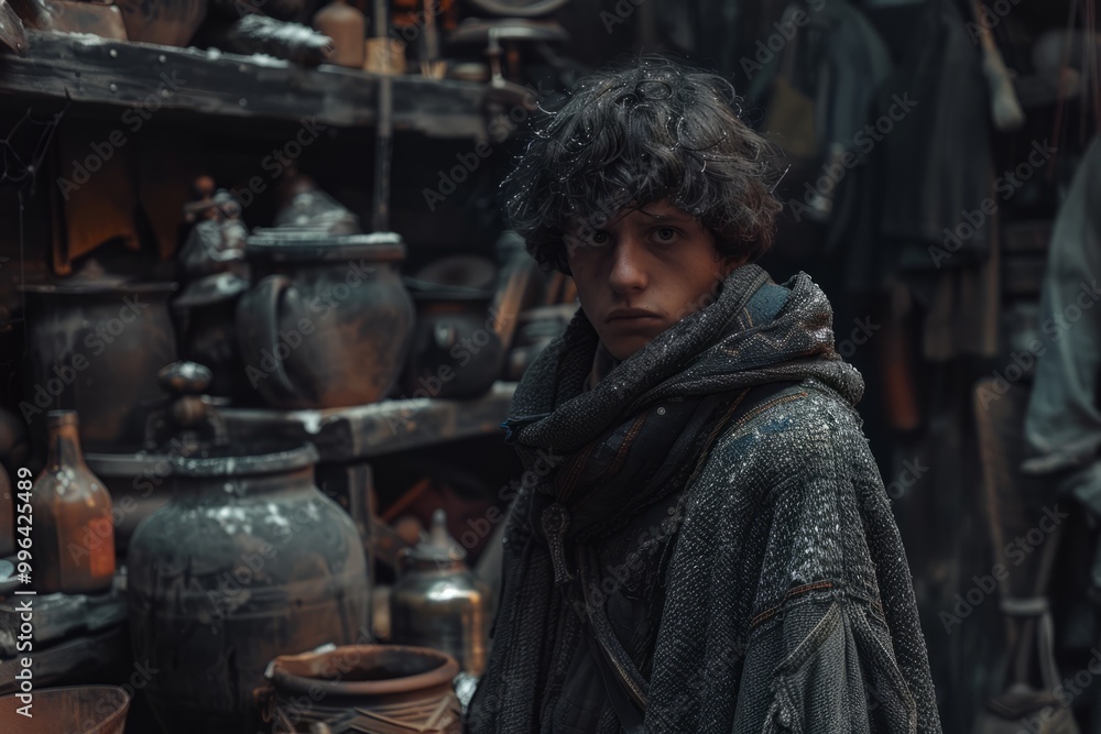 An apprentice examines various magical items in a workshop An apprentice examines various magical items in a workshop
