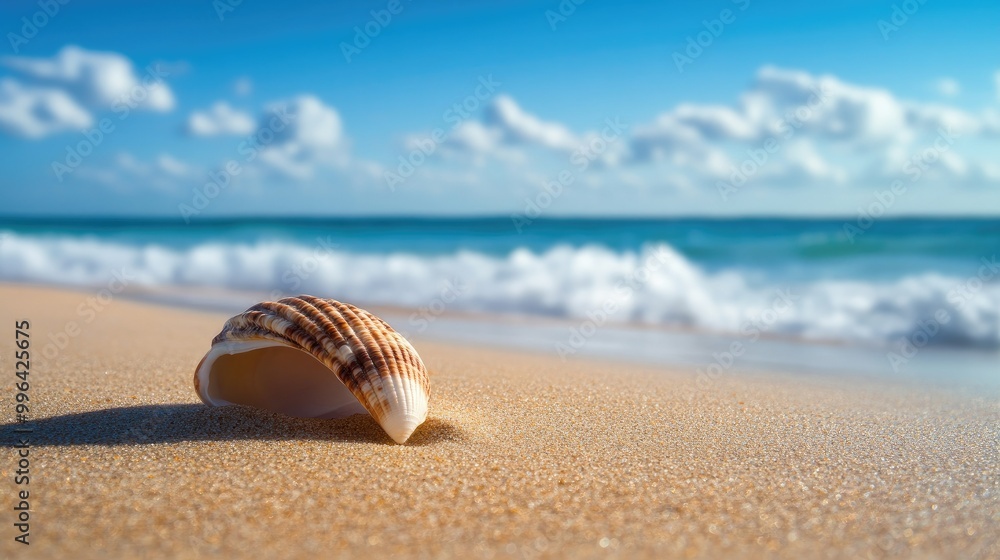 Obraz premium A single seashell resting on golden sand, with gentle waves in the background under a bright blue sky.