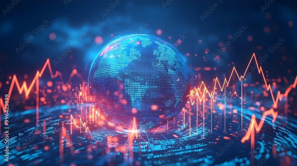 Fototapeta premium Glowing Globe with Upward Pointing Arrows Symbolizing Global Economic Recovery and Interconnected