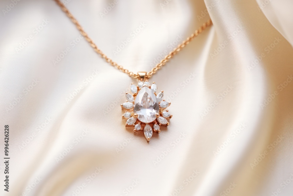 A delicate gold necklace adorned with a sparkling diamond pendant, resting on a pristine white cloth A delicate gold necklace adorned with a sparkling diamond pendant, resting on a pristine white cloth