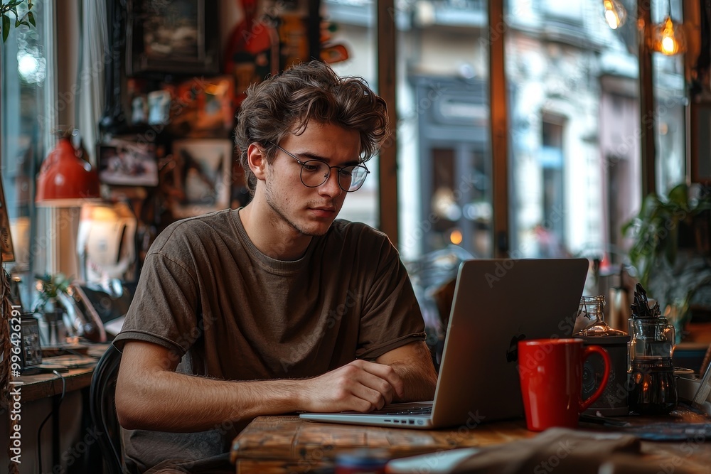 Using his laptop remotely, an anonymous male model works from home Using his laptop remotely, an anonymous male model works from home