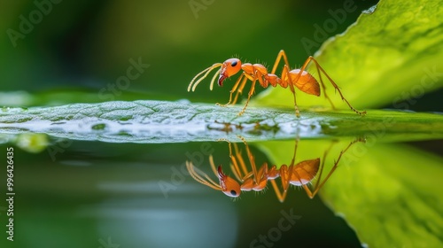 A single weaver ant crossing a water droplet on a leaf, with beautiful reflections of the ant in the droplet. photo