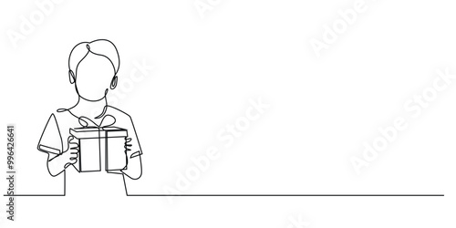 continuous line of boys carrying gift boxes.one line drawing of boys giving gifts to their parents.happy father and mother's day icon.single line vector illustration.isolated white background