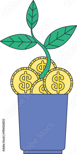 A small plant growing out of a pot filled with coins, symbolizing financial growth and investment.