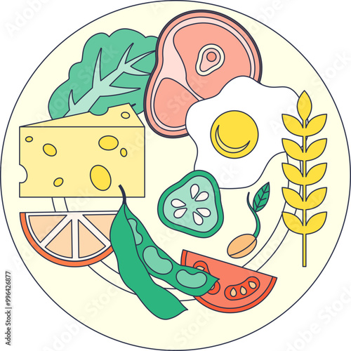 Illustration of a balanced diet with vegetables, meat, cheese, egg, grains, and fruits on a plate.