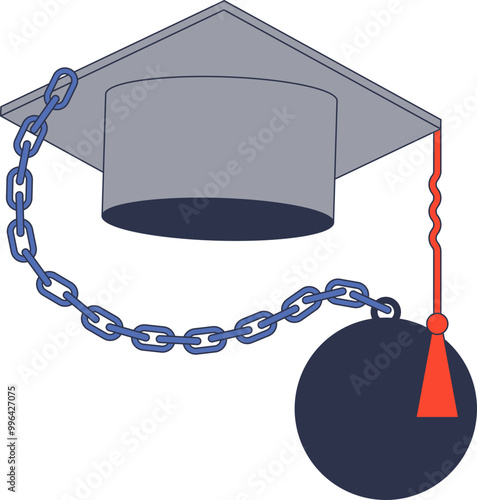 A graduation cap with a heavy chain and ball symbolizes the burden of student debt.