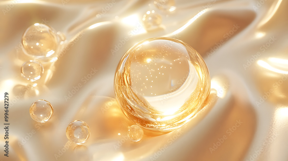 Cosmetic 3D golden liquid bubbles form on a bright background, evoking luxury and elegance,Radiant Elixir: Hyaluronic Acid Derm Product Infuses White and Gold Glow. Cosmetic 3D golden liquid bubbles form on a bright background, evoking luxury and elegance,Radiant Elixir: Hyaluronic Acid Derm Product Infuses White and Gold Glow.