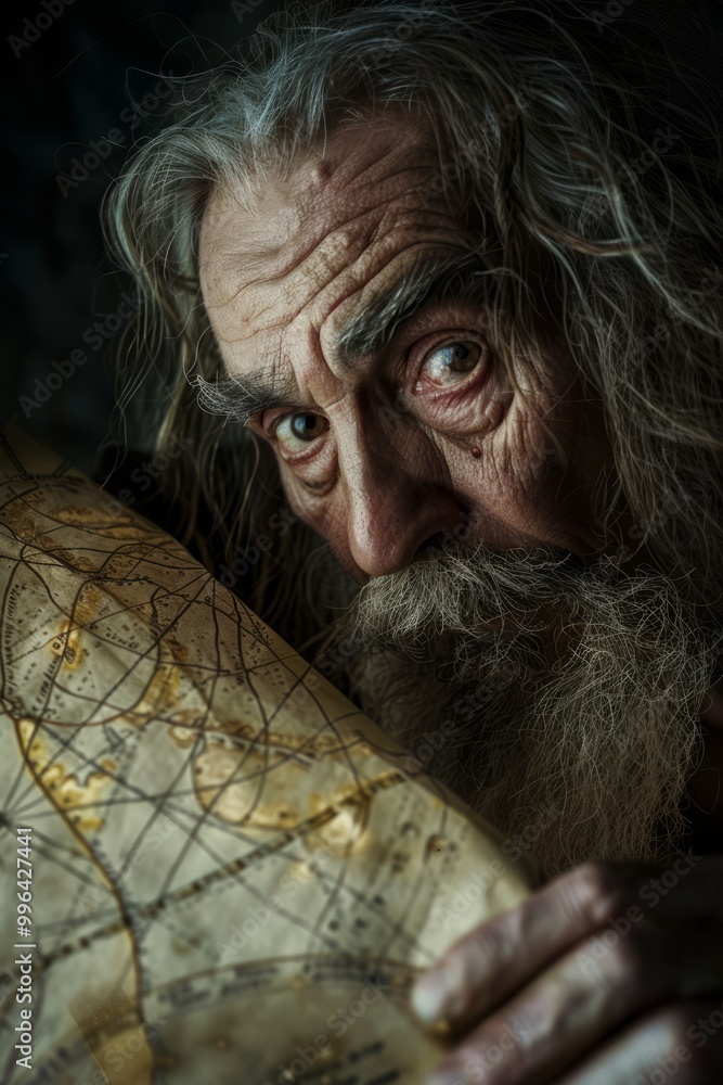 An elderly man examines an ancient map with intense focus An elderly man examines an ancient map with intense focus