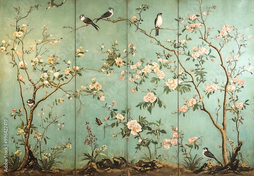 Chinoiserie wall mural, with birds and flowers