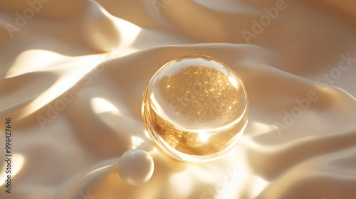 Cosmetic 3D golden liquid bubbles form on a bright background, evoking luxury and elegance,Radiant Elixir: Hyaluronic Acid Derm Product Infuses White and Gold Glow.