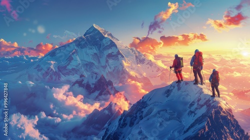 A group of climbers climbs a snow-covered mountain at sunset. The concept of winter travel and adventure photo