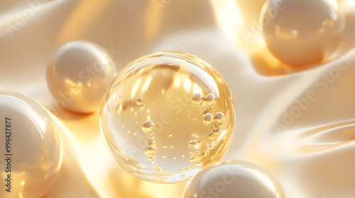 Cosmetic 3D golden liquid bubbles form on a bright background, evoking luxury and elegance,Radiant Elixir: Hyaluronic Acid Derm Product Infuses White and Gold Glow.