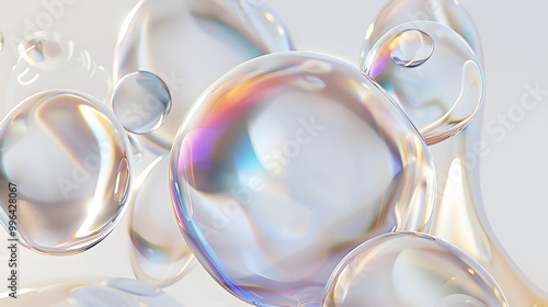 Modern Trendy Hyaluronic Acid Molecules Vitamin，Pastel iridescent soap bubbles background.