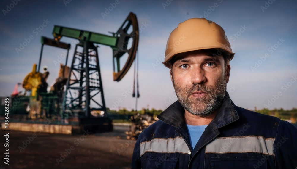 Portrait of man, oil rig worker in industrial plant. Generated image Portrait of man, oil rig worker in industrial plant. Generated image
