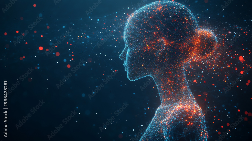 A digital representation of a woman, made of glowing particles. A digital representation of a woman, made of glowing particles.
