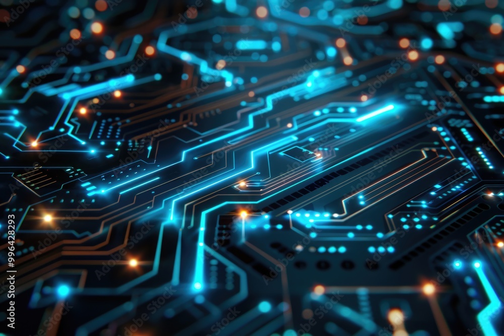 A detailed view of a computer circuit board components and wires A detailed view of a computer circuit board components and wires