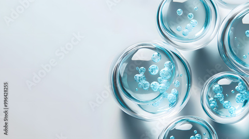 Water droplet biological molecules on glass surface, showcasing organic technology and cosmetic skincare beauty concept.