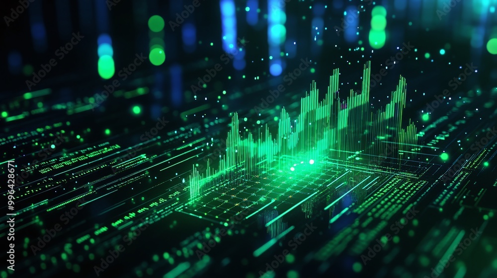 Futuristic data visualization with green colors representing digital growth and analytics on a dark background. Futuristic data visualization with green colors representing digital growth and analytics on a dark background.