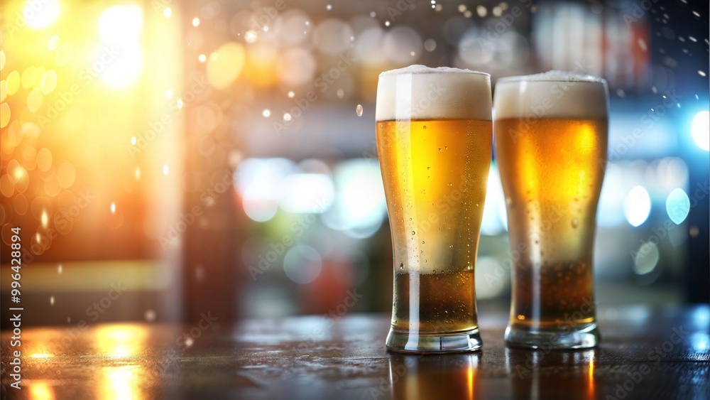 Glass of cold beer with condensation droplets sitting on a bar counter with blurred warm toned bokeh in the background Glass of cold beer with condensation droplets sitting on a bar counter with blurred warm toned bokeh in the background