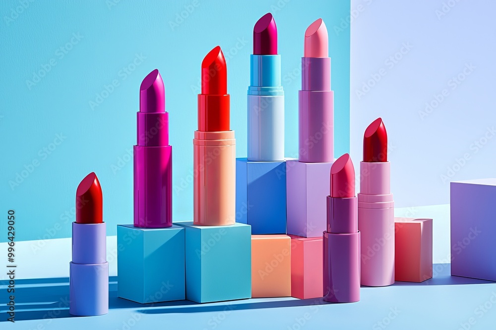 An array of open lipsticks displayed against a colorful backdrop An array of open lipsticks displayed against a colorful backdrop