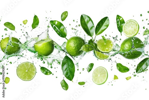 A bunch of limes with green leaves and water droplets, perfect for adding to food or drinks