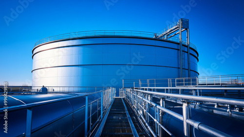 A massive industrial storage tank surrounded by piping and machinery, bathed in the warm glow of sunset, showcasing modern infrastructure.