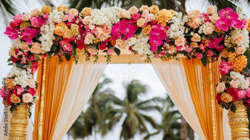 Vibrant floral arch with tropical background for wedding ceremonies. photo