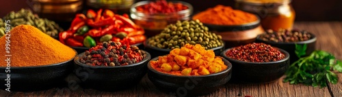 Variety of colorful spices in bowls on wooden surface.