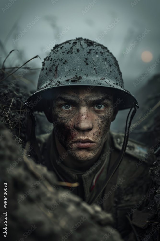A soldier stares intensely from a trench covered in mud A soldier stares intensely from a trench covered in mud