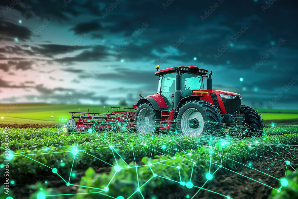 Obraz premium Tractor con líneas e iconos. Concepto de agricultura inteligente