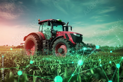 Tractor con líneas e iconos. Concepto de agricultura inteligente