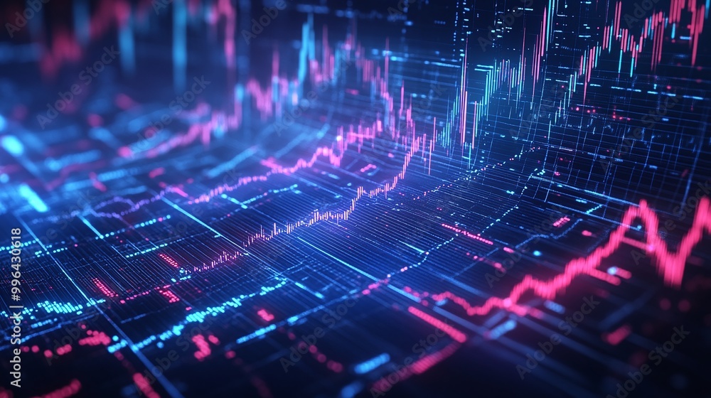 Futuristic data visualization with vibrant graphs, showcasing market trends and analytics in a digital interface. Futuristic data visualization with vibrant graphs, showcasing market trends and analytics in a digital interface.