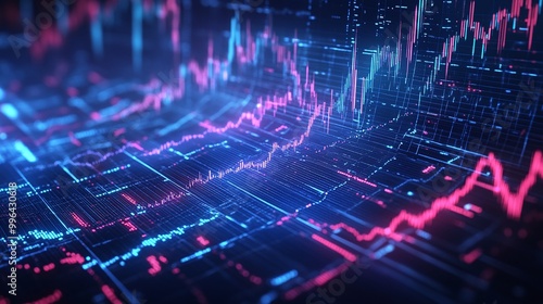 Futuristic data visualization with vibrant graphs, showcasing market trends and analytics in a digital interface.