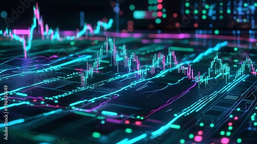 Futuristic data visualization with vibrant neon colors representing stock market trends and analytics.