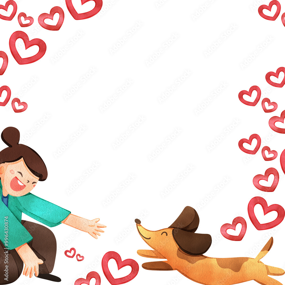 Obraz premium A dog is jumping towards a woman who is kneeling with one knee and open arms waiting to hug the dog running around, surrounded by many hearts, hand-drawn watercolor painting frame design