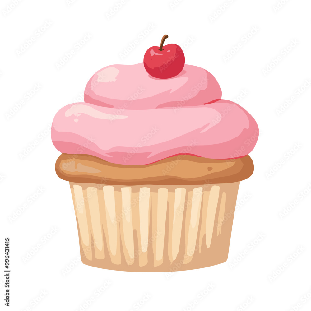 Delicious cupcake with pink frosting and cherry on top against a white background
Delicious cupcake with pink frosting and cherry on top against a white background