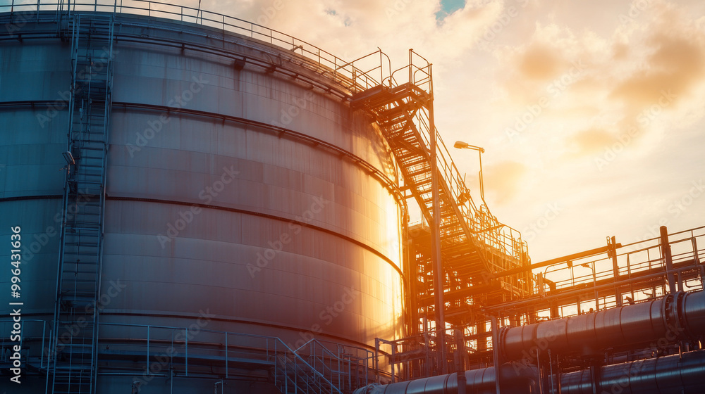 Obraz premium A massive industrial storage tank surrounded by piping and machinery, bathed in the warm glow of sunset, showcasing modern infrastructure.