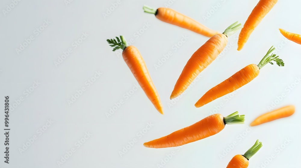 Fresh carrots falling gracefully against a clean white backdrop full depth of field Fresh carrots falling gracefully against a clean white backdrop full depth of field