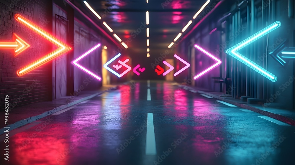 Glowing Neon Arrows Symbolizing Dynamic Choices and Directions on Dark Background Glowing Neon Arrows Symbolizing Dynamic Choices and Directions on Dark Background
